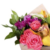 chrysanthemum, brassica, cymbidium (2 pcs.), spray rose, packaging, ribbon