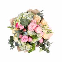 hydrangea, ornithogalum, white eustoma, eucalyptus, pink spray roses (4 pcs.), cream rose, packaging, ribbon