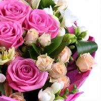 pink rose (11 pcs.), white freesia, white alstroemeria, cream spray rose, packaging, ribbon