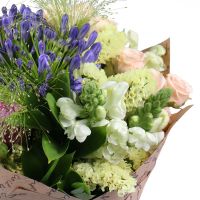 agapanthus, tulip (7 pcs.), spray rose, yellow statice, panicum, matiola, packaging, ribbon