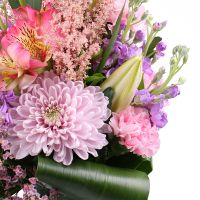 lily, chrysanthemum, astilbe, matiola (7 pcs.), alstroemeria, carnation, packaging, ribbon