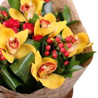 hypericum, bush rose, aspidistra, cymbidium, packaging, tape