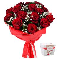gypsophila, raffaello candies 150 g, rose (15 pcs.), packaging, ribbon
