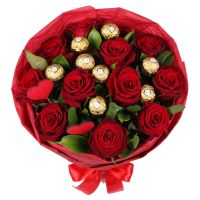 Ferrero Rocher candies (8 pcs.), decorative heart, ruscus, rose (11 pcs.), packaging, ribbon