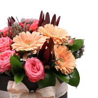 brunia, carnation, leucodendron, oasis, large round box, orange spray rose (3 pcs.), cream gerbera, packaging, ribbon