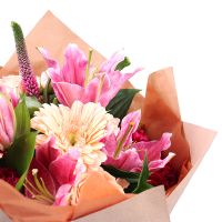 lilies, speedwell, cappuccino rose (Holland), carnation (7 pcs.), cream gerbera, packaging, ribbon