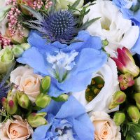 delphinium, oasis, spray rose (2 pcs.), eryngium, freesia (3 pcs.), eustoma (2 pcs.), heart-shaped box, packaging, ribbon