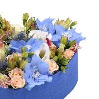 delphinium, oasis, spray rose (2 pcs.), eryngium, freesia (3 pcs.), eustoma (2 pcs.), heart-shaped box, packaging, ribbon