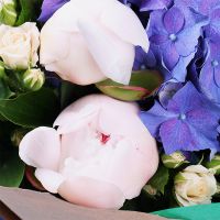 peony, hydrangea, hypericum, spray rose, eustoma, packaging, ribbon