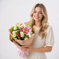 cream rose, white freesia, white eustoma, pink eustoma, pink cymbidium, packaging, ribbon