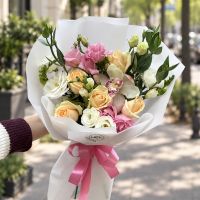 cream rose, white freesia, white eustoma, pink eustoma, pink cymbidium, packaging, ribbon