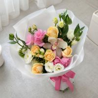 cream rose, white freesia, white eustoma, pink eustoma, pink cymbidium, packaging, ribbon