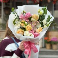 cream rose, white freesia, white eustoma, pink eustoma, pink cymbidium, packaging, ribbon