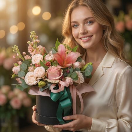 premium pink rose, pink lilies, pink alstroemeria, oasis, antirrinum (2 pcs.), round box s 15x16cm, packaging, ribbon