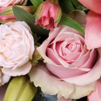 premium pink rose, pink lilies, pink alstroemeria, oasis, antirrinum (2 pcs.), round box s 15x16cm, packaging, ribbon