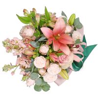 premium pink rose, pink lilies, pink alstroemeria, oasis, antirrinum (2 pcs.), round box s 15x16cm, packaging, ribbon