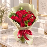 rose (19 pcs.), ruscus, packaging, ribbon