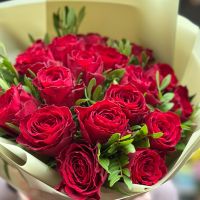 rose (19 pcs.), ruscus, packaging, ribbon