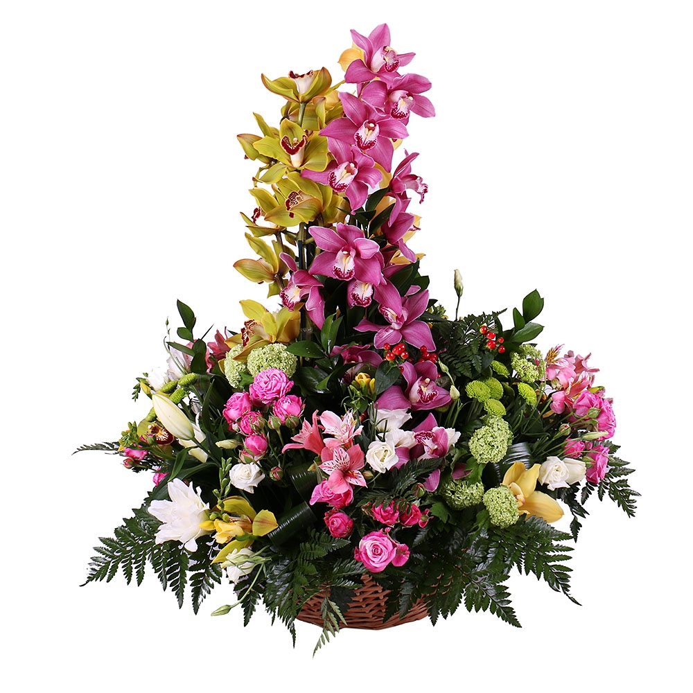 orchid branch, orchid branch, orchid branch, chrysanthemum (4 pcs.), eustoma (7 pcs.), alstroemeria, spray roses, basket m, packaging, ribbon