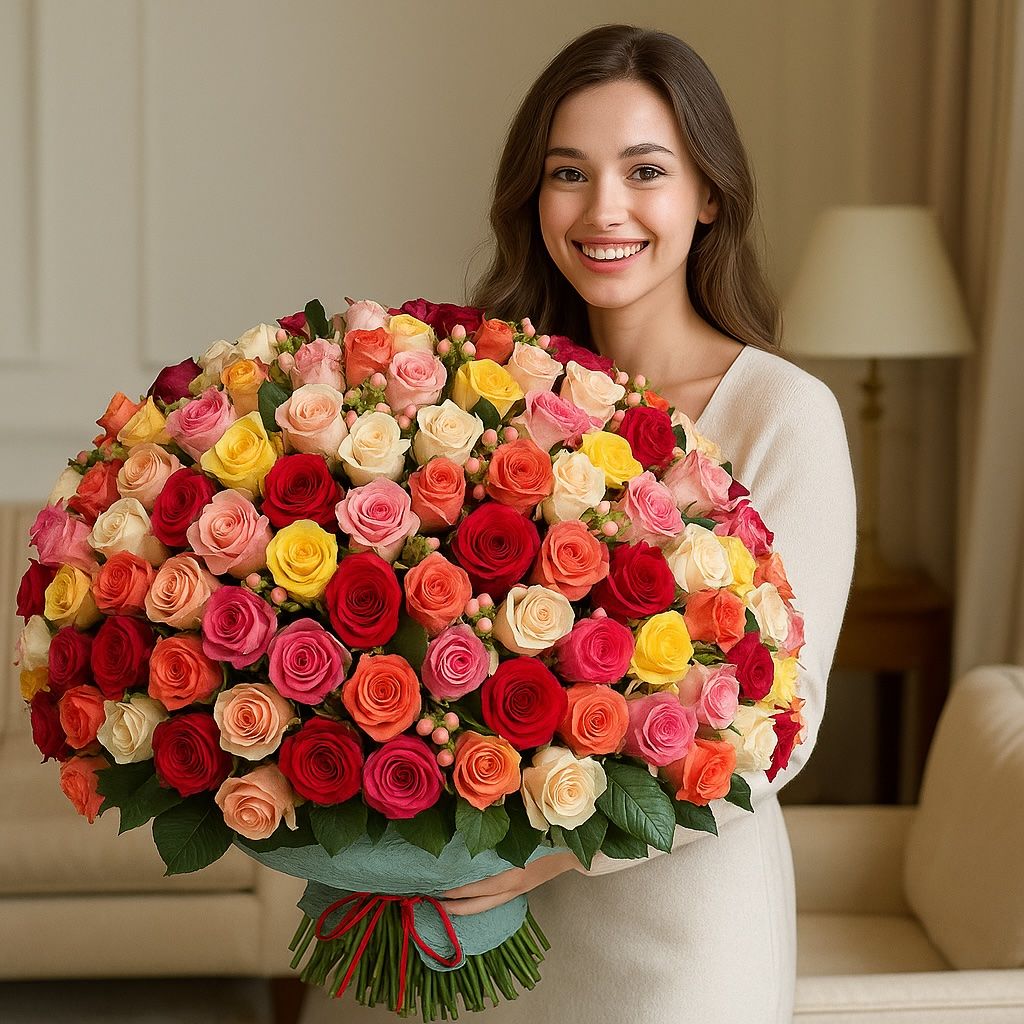 hypericum, rose (131 pcs.), packaging, ribbon