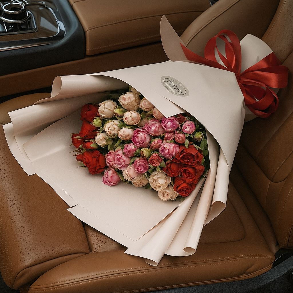 red bush rose, packaging, ribbon