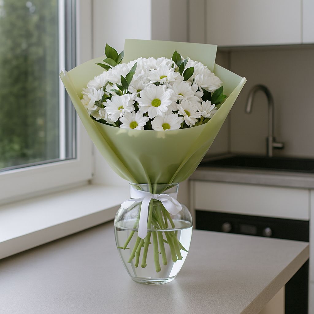 white spray chrysanthemum (7 pcs.), ruscus, packaging, ribbon