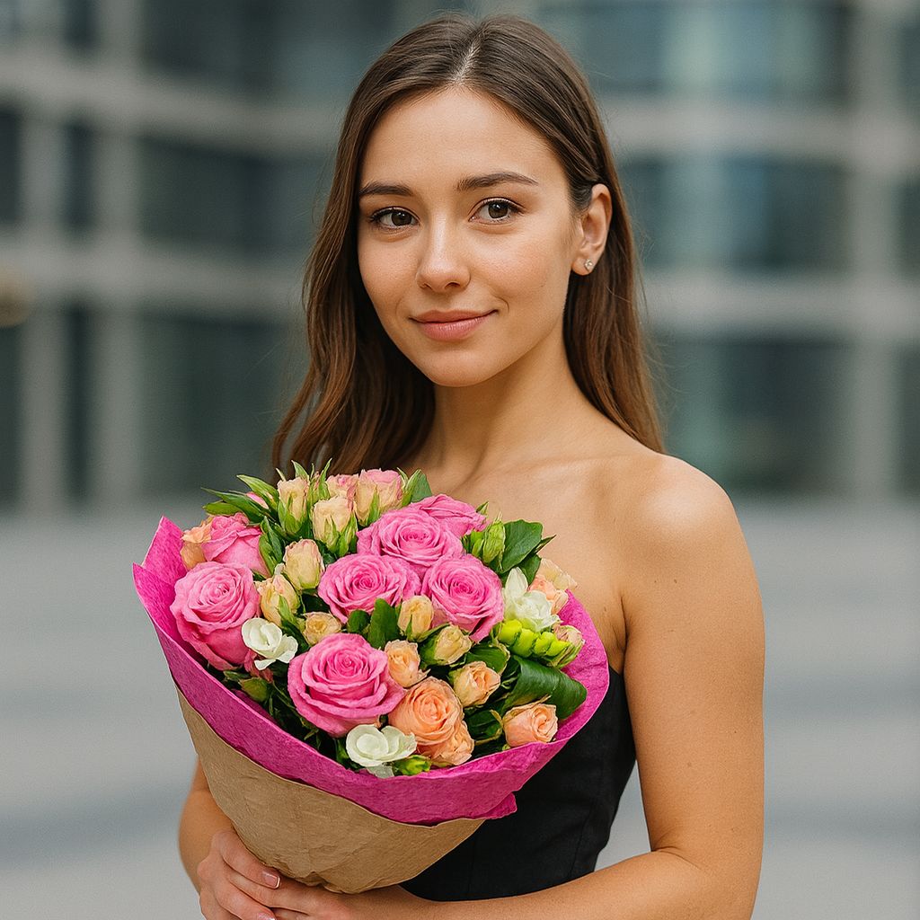 pink rose (11 pcs.), white freesia, white alstroemeria, cream spray rose, packaging, ribbon