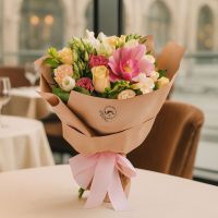 cream rose, white freesia, white eustoma, pink eustoma, pink cymbidium, packaging, ribbon