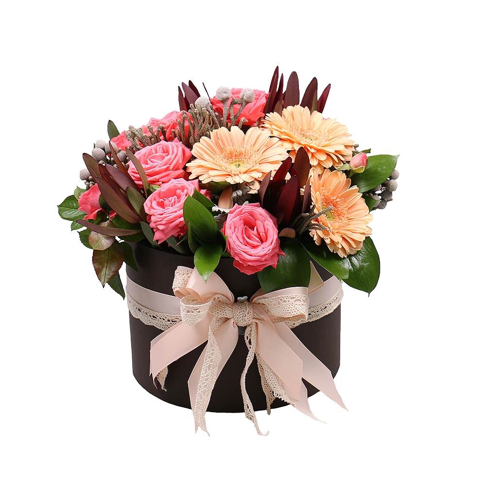 brunia, carnation, leucodendron, oasis, large round box, orange spray rose (3 pcs.), cream gerbera, packaging, ribbon