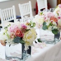 freesia, peony, peony, rose, matiola, packaging, ribbon