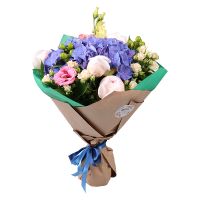 peony, hydrangea, hypericum, spray rose, eustoma, packaging, ribbon