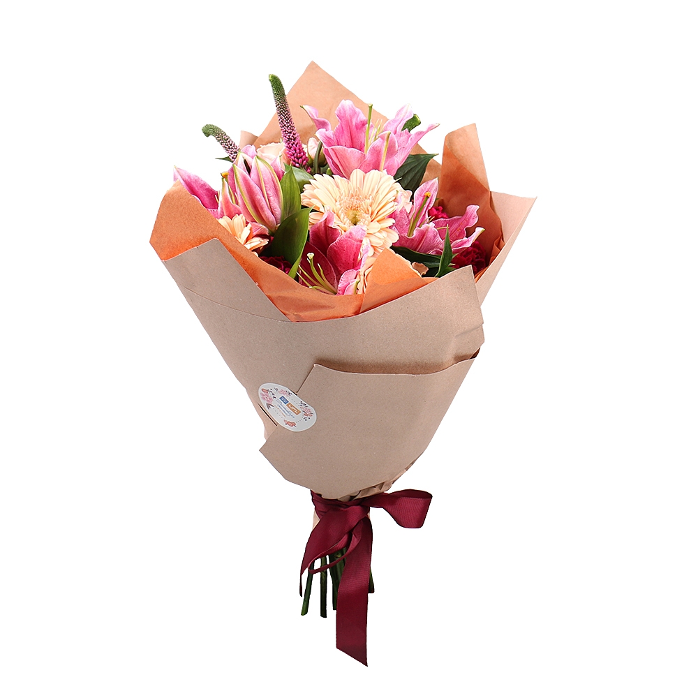 lilies, speedwell, cappuccino rose (Holland), carnation (7 pcs.), cream gerbera, packaging, ribbon