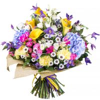 callas, hydrangea, clematis, eustoma, freesia, carnation, packaging, ribbon