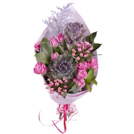 bouvardia, solidago, violet brassica, pink rose (9 pcs.), packaging, ribbon