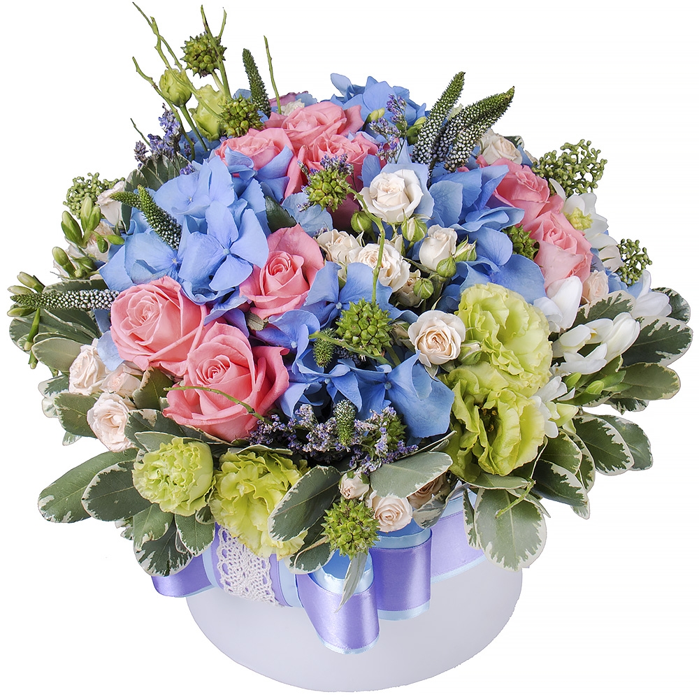 hydrangea, spray rose (8 pcs.), light eustoma, eucalyptus, coral rose (11 pcs.), Veronica (11 pcs.), round box, oasis, packaging, ribbon