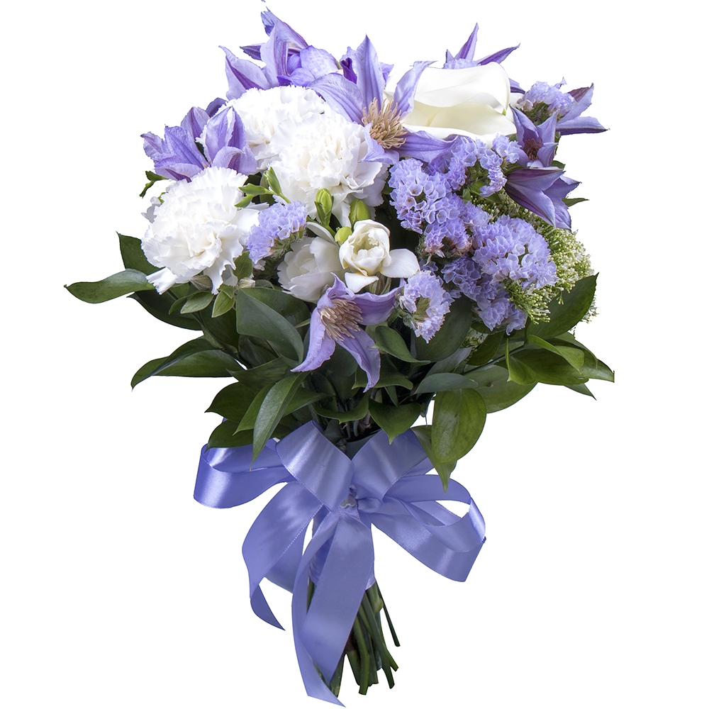 statice, clematis, calla, carnation, vanda orchid, trachelium (3 pcs.), freesia, packaging, ribbon