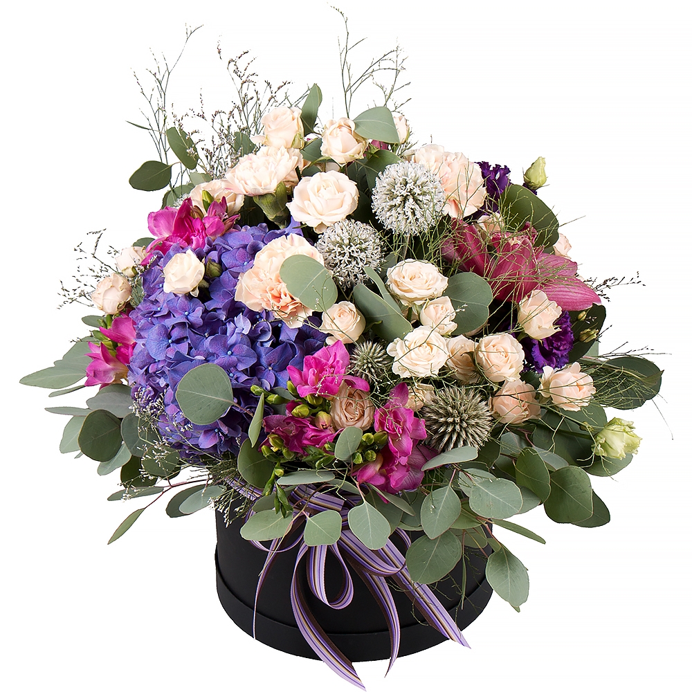 hydrangea, spray rose (9 pcs.), eucalyptus, round box, freesia (7 pcs.), oasis, packaging, ribbon