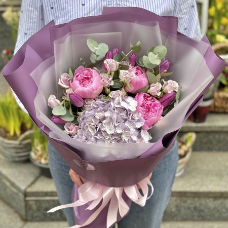 hydrangea, peony (3 pcs.), tulip (7 pcs.), spray rose, eucalyptus, packaging, ribbon