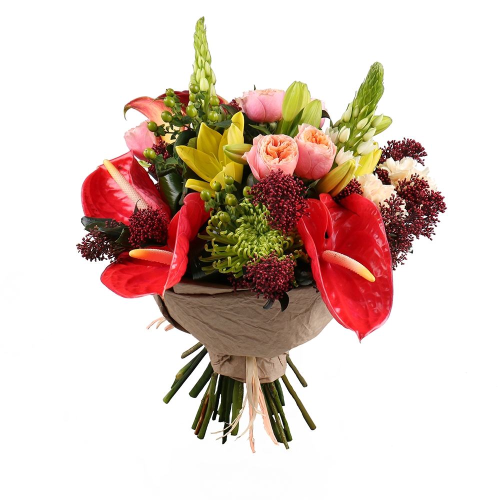 anthurium, calla lily, vuvuzela rose (7 pcs.), ornithogalum, lily, carnation, skimmia, packaging, ribbon