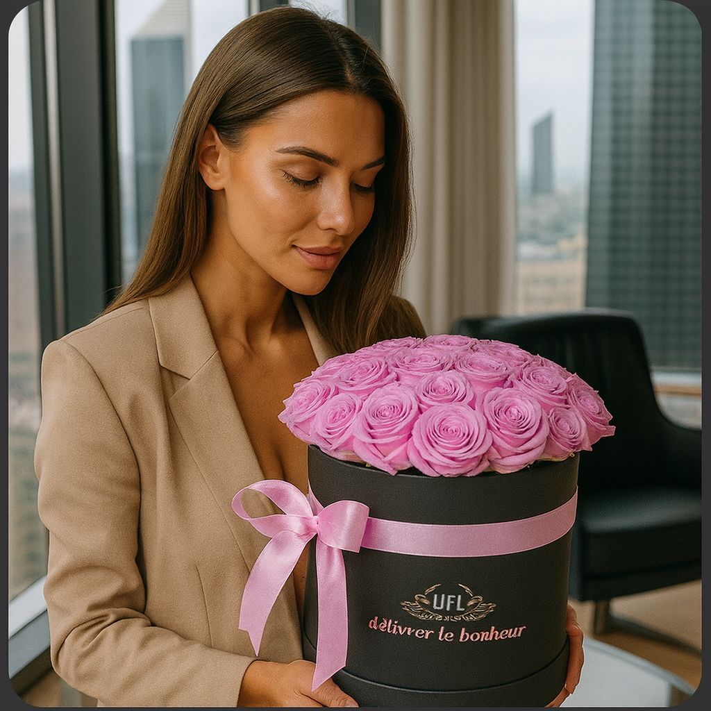 oasis, embossed box, pink rose (23 pcs.), packaging, ribbon