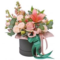 premium pink rose, pink lilies, pink alstroemeria, oasis, antirrinum (2 pcs.), round box s 15x16cm, packaging, ribbon