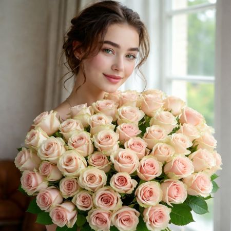 cream rose (101 pcs.), packaging, ribbon