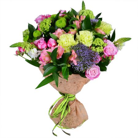 spray roses, alstroemeria, ornithogalum, viburnum, chrysanthemum, carnation, packaging, ribbon